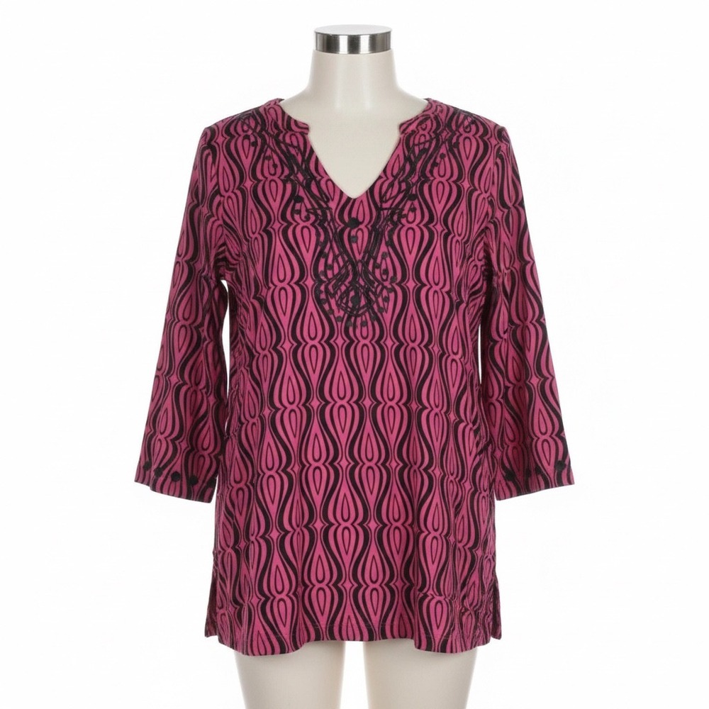 Escapada Tunic Top Women L Pink Black Geometric Embroidered V-Neck 3/4 Sleeve